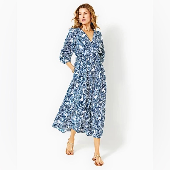 New Lilly Pulitzer Deacon 3/4 Sleeve V-Neck Aegean Navy Beach Path Maxi Dress 4